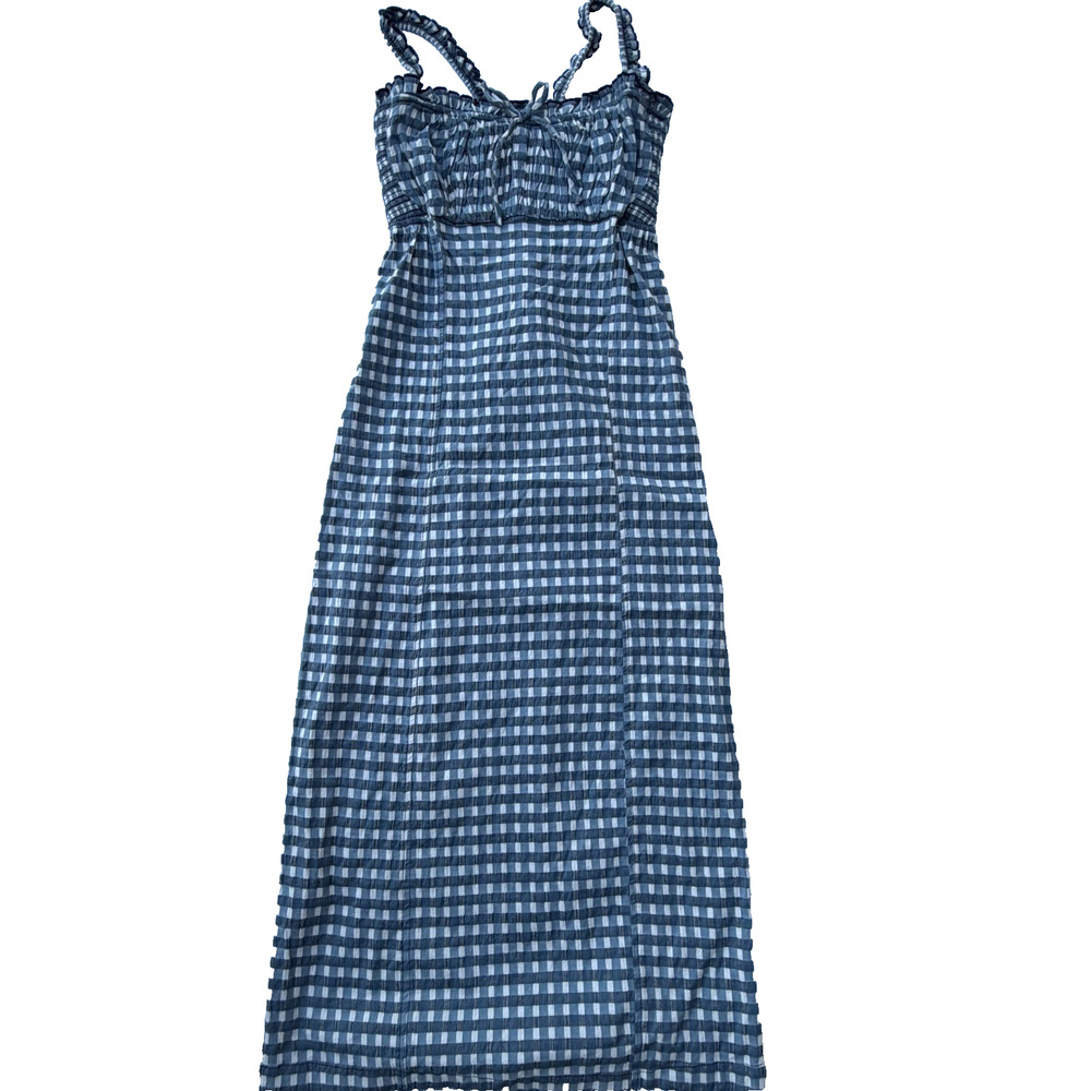 Free People Lucinda Plaid Check Midi Dress Women's Size M Indigo Gingham